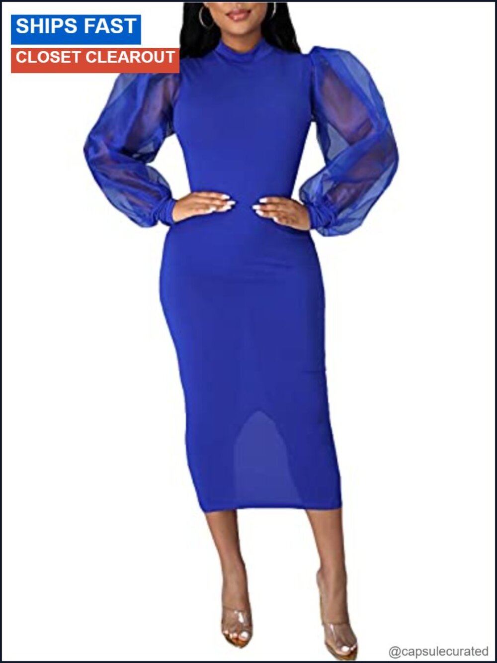Women's Sheer Mesh Puff Lantern Sleeve Bodycon Midi Dress Club Party